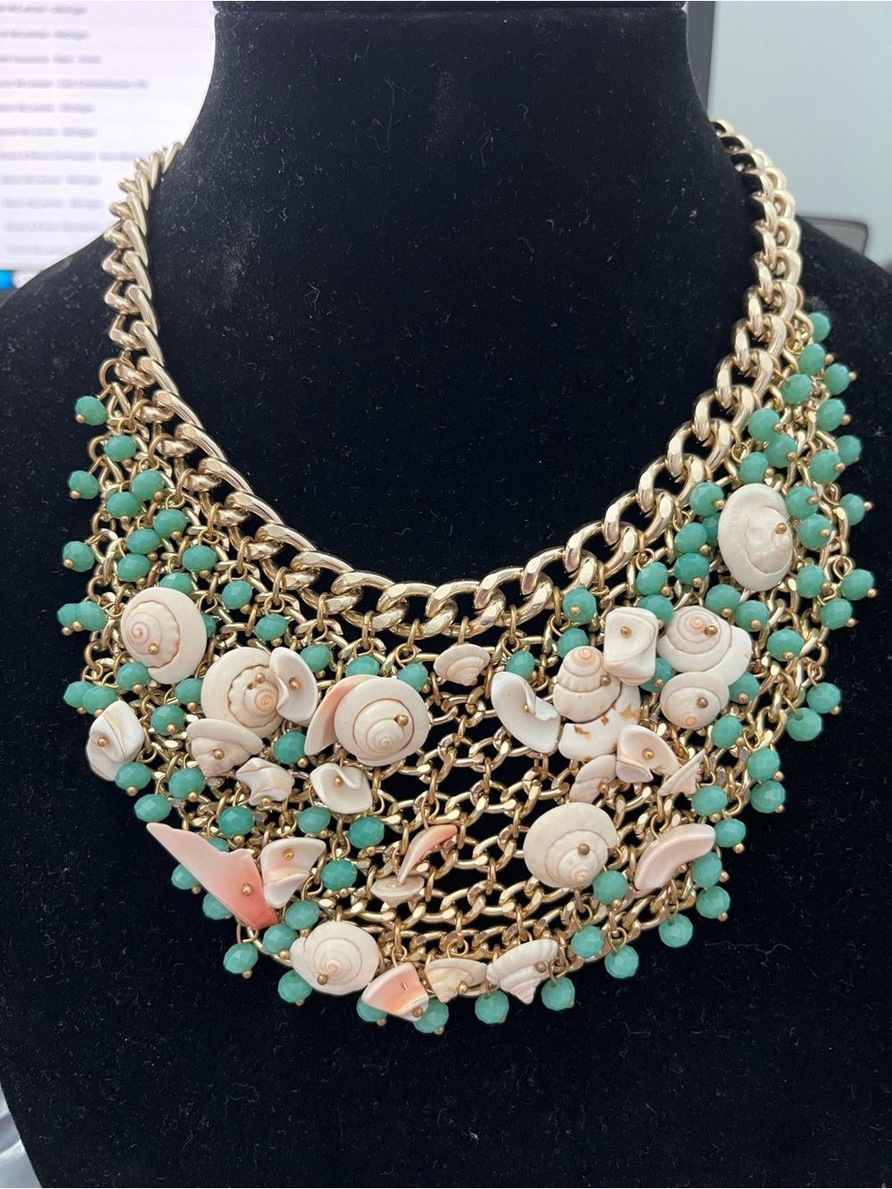 Gold-Tone Shell & Turquoise Bead Statement Necklace